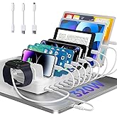 320W Charging Station for Multiple Devices, 10 Ports Fast Multi-Device Charger Organizer Compatible with MacBook Pro Laptop, iPhone, Android, Ipad, Tablet, Kindle, Family Multi-Device Charging Dock