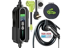 MUETUX Level 2 & 1 EV Charger (10-32Amp, 110V-240V, 25ft Cable, SAE J1772), Home/Outdoor Portable Electric Vehicle with NEMA 14-50P/5-15P to 14-50R Adapter, Adjustable 32A/24/20/16/10Amp, Delay 1-12h