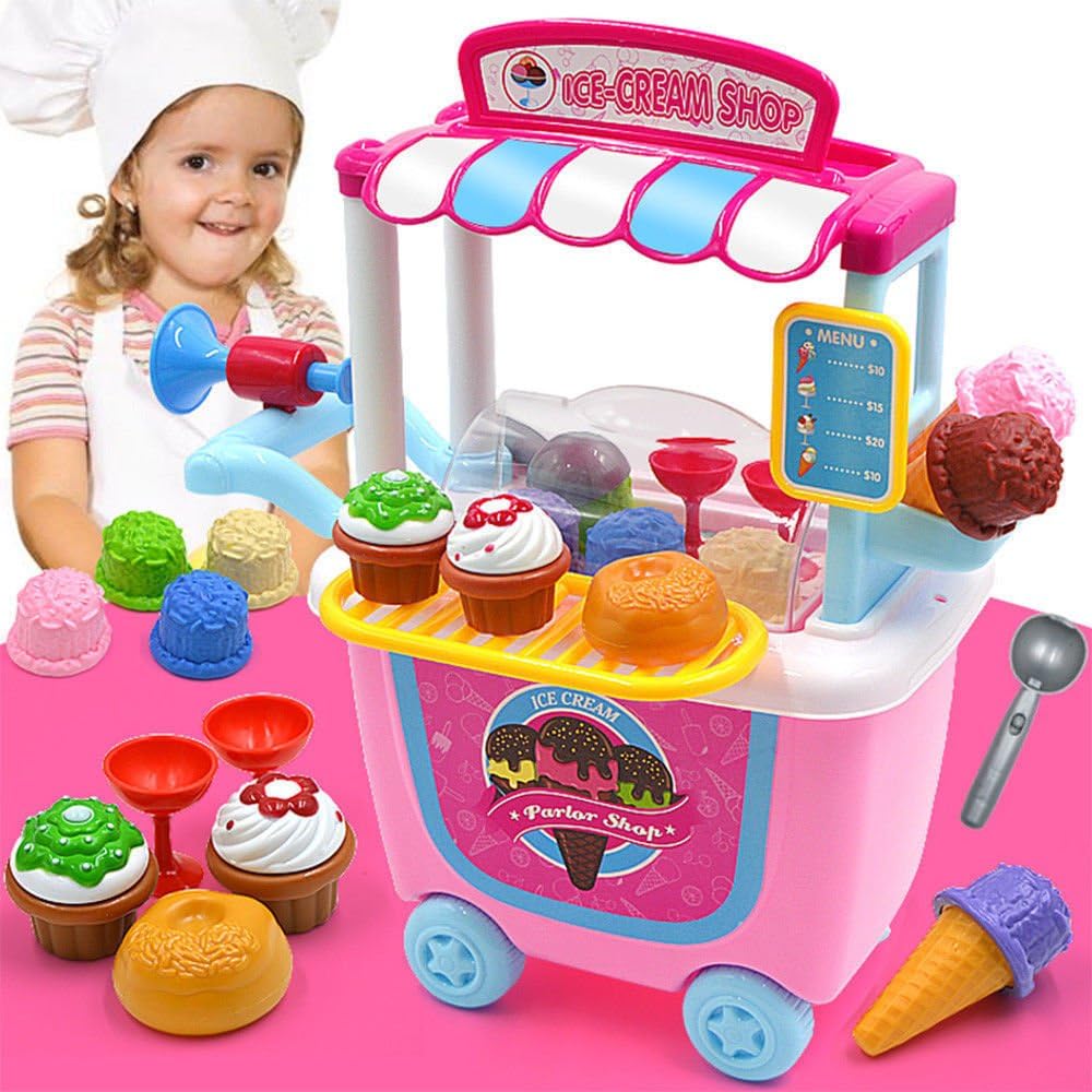 EVERGD Cute Kids Simulation Ice Cream Shop Dresser Cart Pretend Toy Set Role play Gift, Pink-ice Cream Set, Small