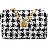 BERTY·PUYI PU Leather Houndstooth Ladies Shoulder Bag Autumn And Winter Fashion Woolen Cloth Crossbody Bag Chain womens crossbody handbag For women, Black And White