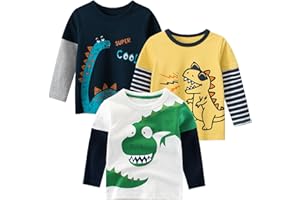 SUPFANS Toddler Boys Long Sleeve Shirts Cotton T-Rex Dinosaur T-Shirts Multipacks