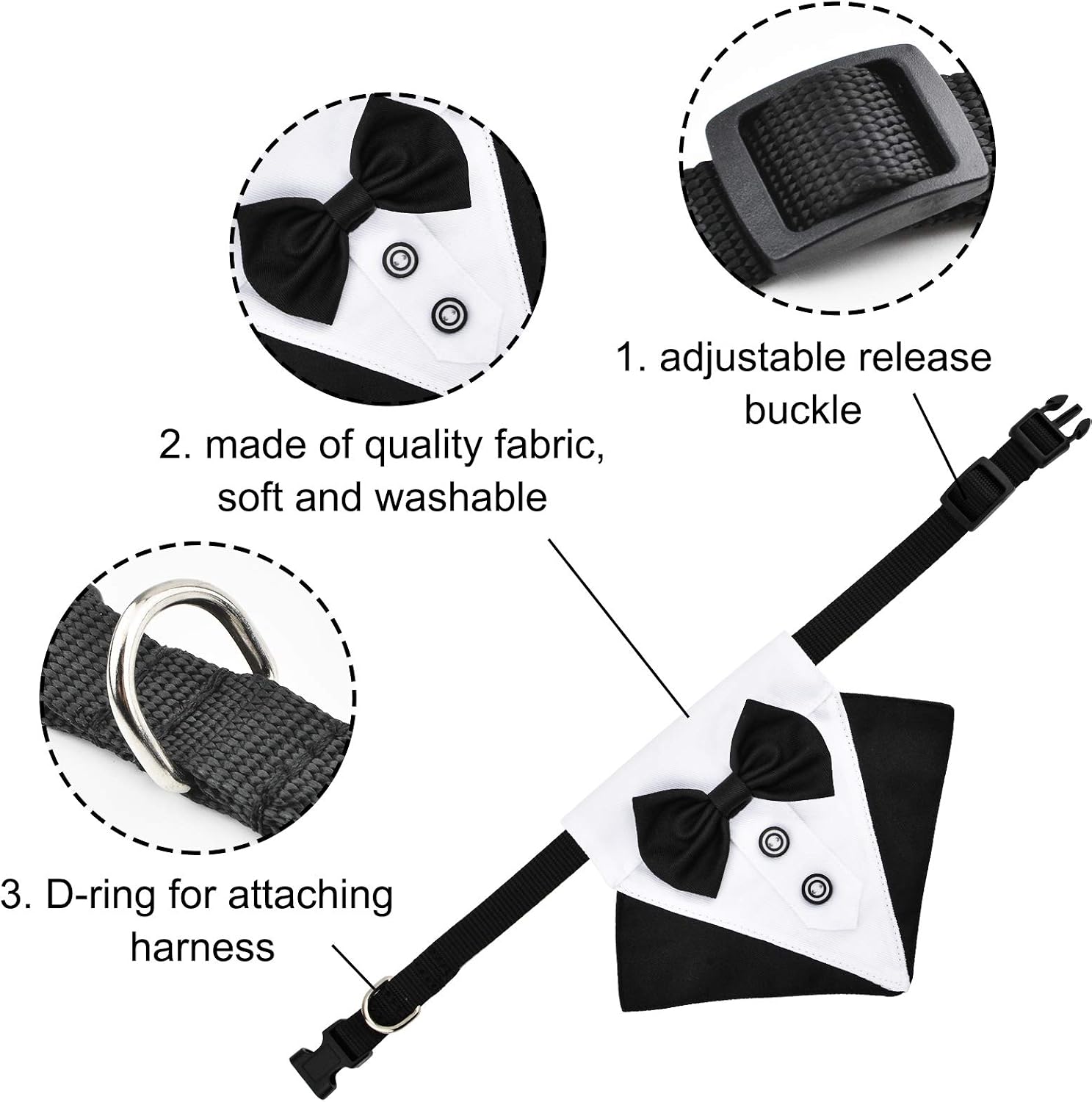 WANDIC Dog Tuxedo Bandana Collar, 1 Piece Adjustable Dog Wedding Bandana Formal Tux Dog Bowtie Bandana with D Ring for Medium Large Dogs - Image 4