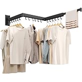 CHAHUANV Wall Mounted Tri-Fold Clothes Drying Rack, Heavy Duty Collapsible Laundry Drying Rack, Space-Saving Retractable Foldable Drying Rack Clothes for Laundry Room Balcony Bathroom,Black-Hooks