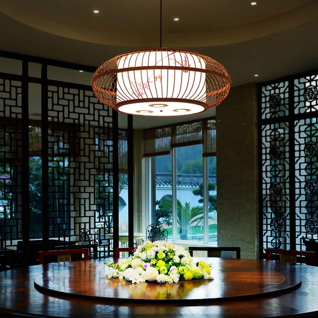 Amazon Com Sz Lam Led Ceiling Light Hand Woven Fabric Lampshade Chandelier Ring Bamboo Art Coffee Color Hanging Lamp Modern Chinese Style Box Tea Room Restaurant 111 240v Home Kitchen