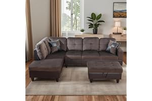 Trygoal 103.5" Sectional Couches for Living Room, Flannel 4 Seat L Shaped Couch with Chaise, 3-Piece Modular Sofa with Storage Ottoman, Home Furniture Sets for Apartment Office, Dark Brown