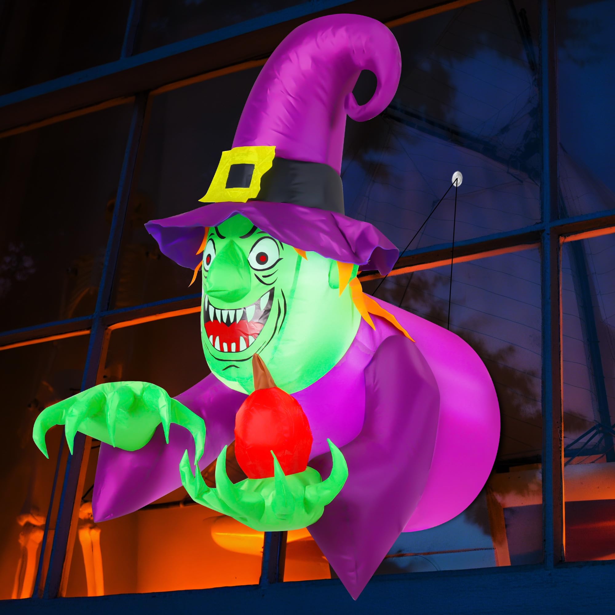 Photo 1 of 4 FT Halloween Inflatables Window Witch Wizard Outdoor Decorations, Flying Window Blow Ups with Build-in LED Lights, Funny Yard Garden Decoration for Halloween Party Indoor Outdoor