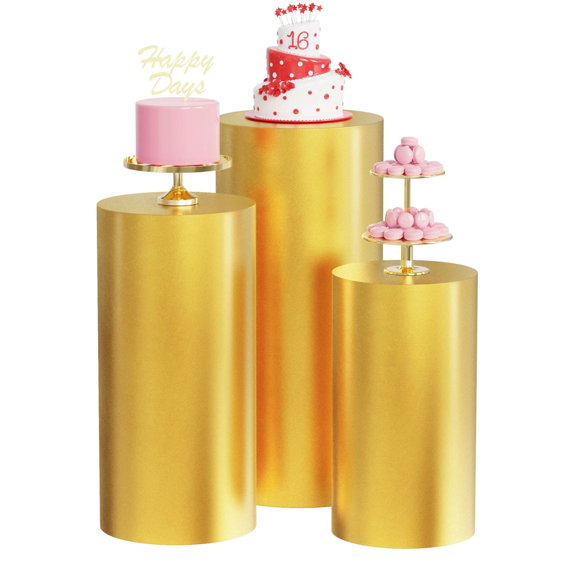 Photo 1 of Wokceer Cylinder Pedestal Stand Covers for Party 3Pcs Spandex Gold Cylinder Stand for Party Covers Plinth Pedestal Stand Cover Pillar for Birthday Party Wedding Decor