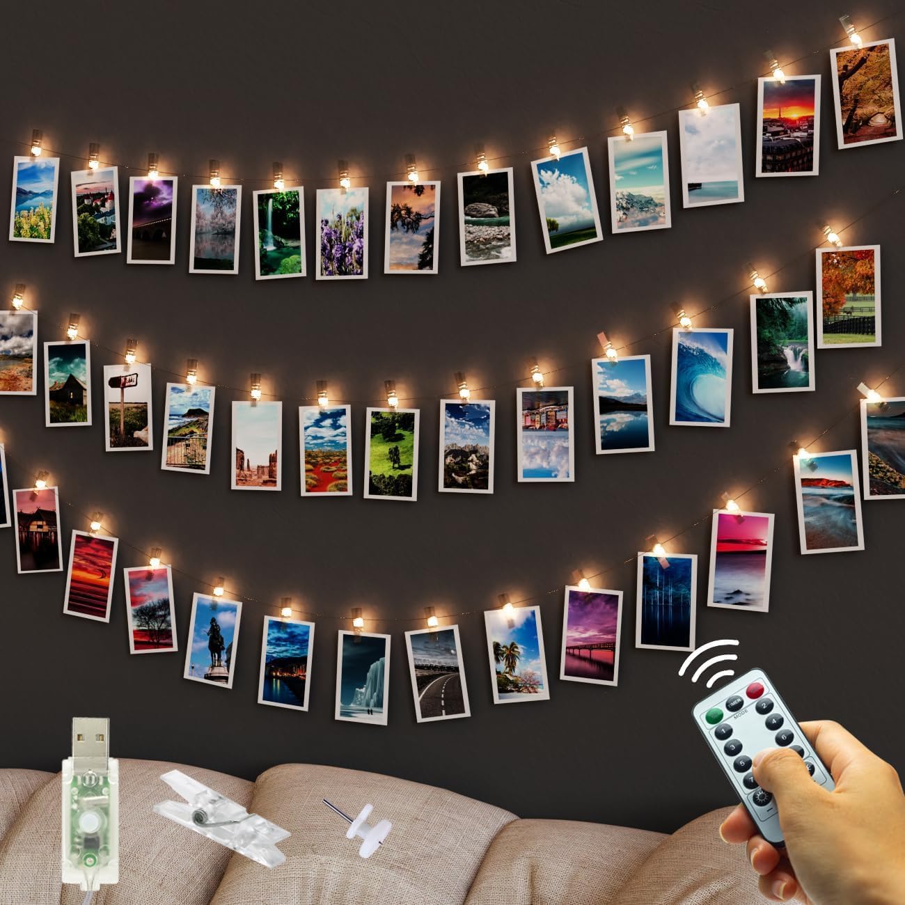 litogo 50 LED Photo Clip String Lights with Timer, USB Plug in Remote Control with 8 Modes Photo Peg Fairy Lights, 30 Clips & 10 Nails Hanging String Photo Frames Decoration for Wedding Party
