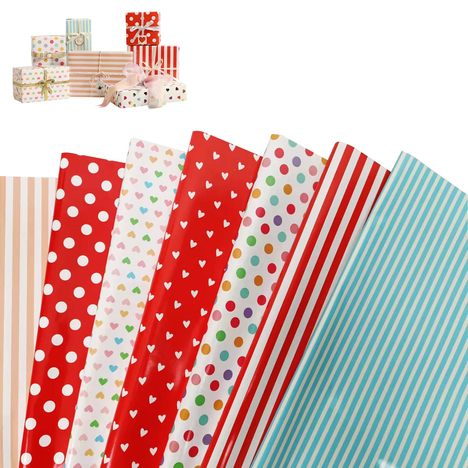 KSTPEL Wrapping Paper, Polka Dot, Heart-Shaped, Striped Color Gift Wrapping Paper, 7 Sheets of Folding Wrapping Paper，Suitable for Men, Women and Children (70 cm x 50 cm)