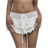 MakeMeChic Women's Crochet Mini Skirt Swimsuit Beach Coverup Tiered Ruffle Boho Skirts
