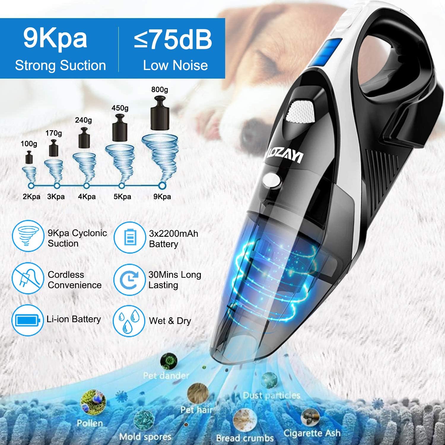 Handheld Vacuum Cordless, LOZAYI Powerful Cyclonic Suction 9KPA Vacuum Cleaner, Portable Hand Vacuum with Stainless Steel HEPA Filter, Li-ion Battery Rechargeable Quick Charge for Home/Car Cleaning -