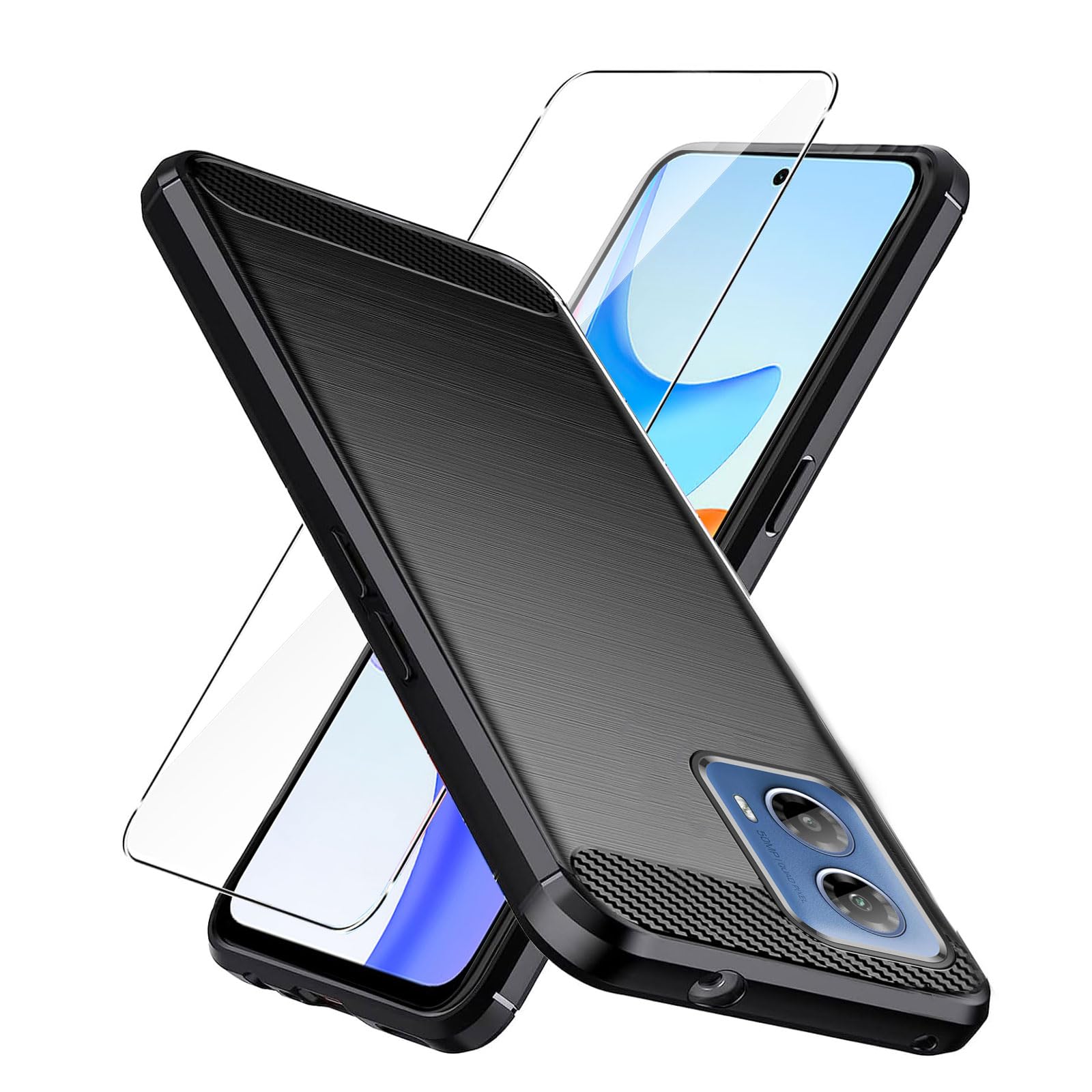 LYZXMY Protective Film for Motorola Moto G34 5G Case black Carbon Fiber + 1 x Tempered Glass - Soft Cover Carbon Fibers Skin Phone Shell for Motorola Moto G34 5G (6.5") — image 1
