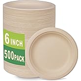 GreenWorks 500 Count 6“ Small Compostable Dessert Plates, Heavy-duty Unbleached Biodegradable Bagasse and Bamboo fiber Paper Plates