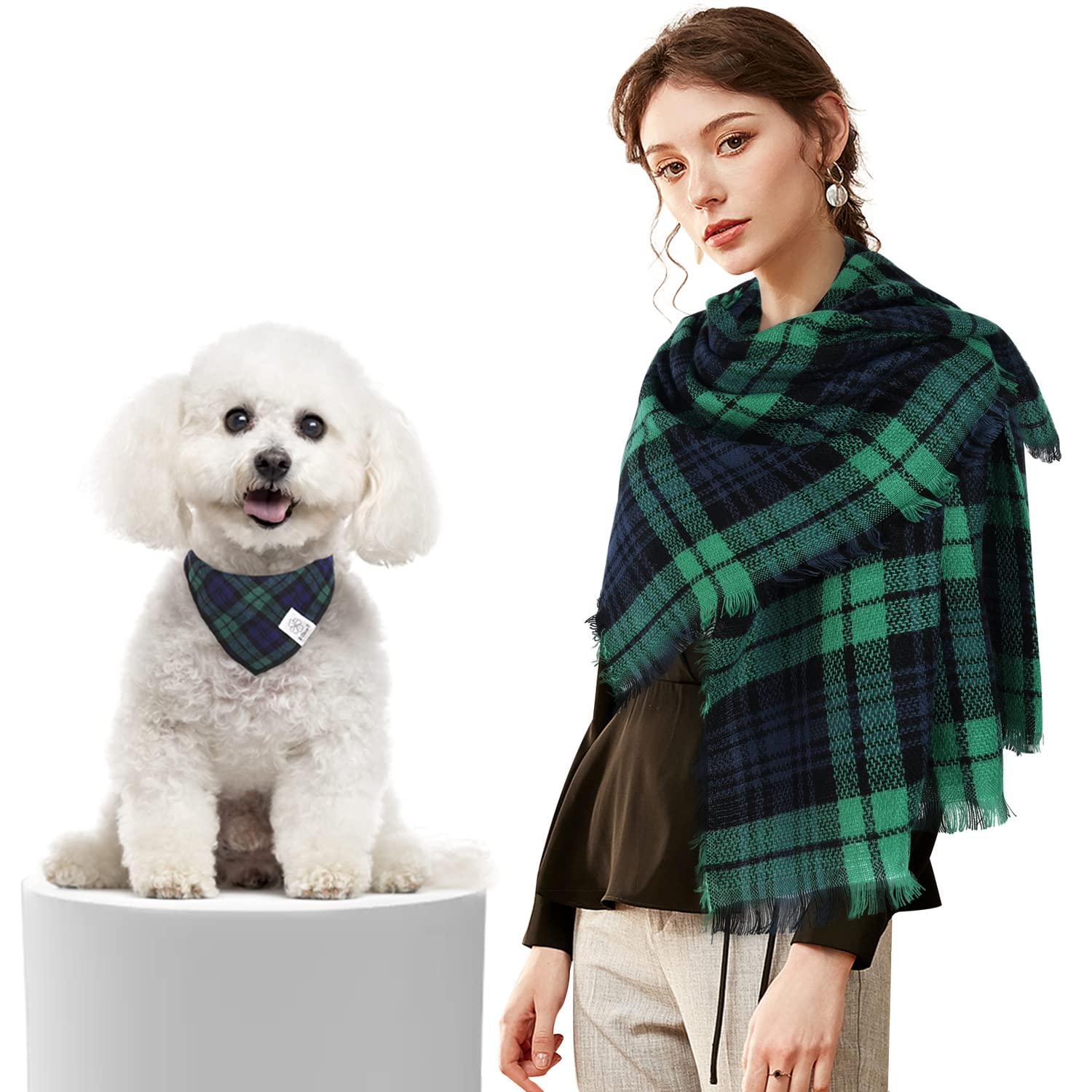 E-Clover Christmas Dog Bandanas Matching Owner Scarf Plaid Dog Bandana Bibs with Tartan Scarves Shawl for Small Puppy & Dogs Mom Costume Gifts Green