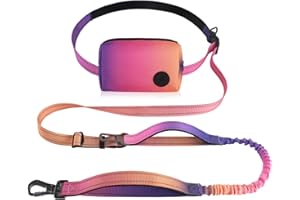 Roses&Poetry Hands Free Dog Leash with Zipper Pouch, 6-9ft Bungee Waist Leash for Medium Large Dogs Walking, Running Lead with Dual Padded Handles Car Safety Buckle for Training Jogging