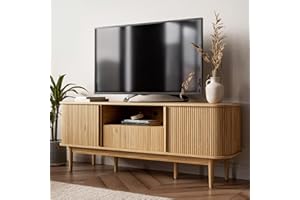 MAISONARIA 63" Tambour TV Stand, Fluted TV Stand for TVs up to 70'', Modern Entertainment Center with Storage, Wood Media Console with Sliding Doors for Bedroom, Living Room, Natural