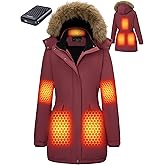 GOTOBI Graphene Long Heated Jacket for Women with 18400mAh 12V Battery Pack, Womens Parka Coat with Faux Fur Detachable Hood