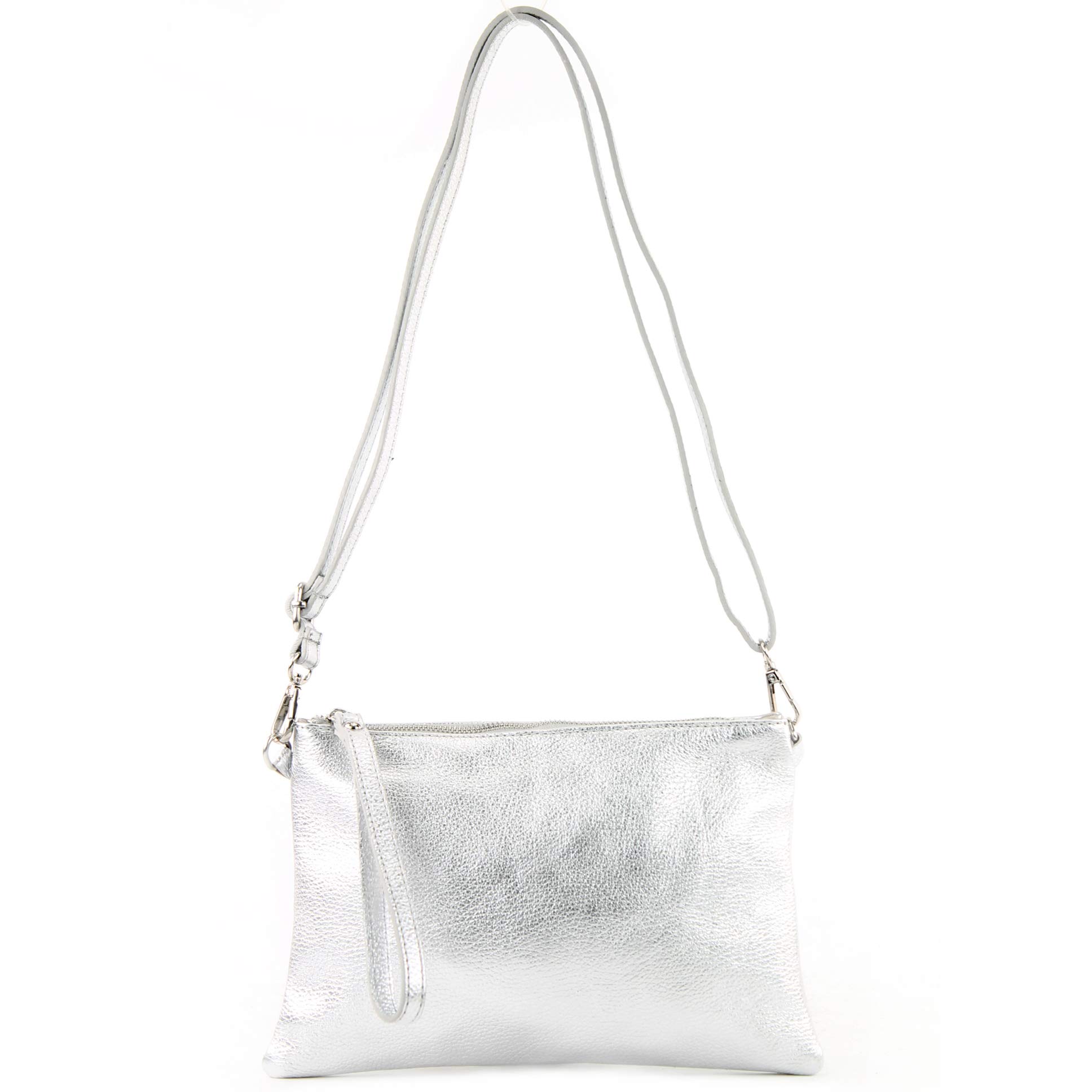 modamoda de - T186 - Italian Clutch/Shoulder Bag Leather Medium, Colour:silver