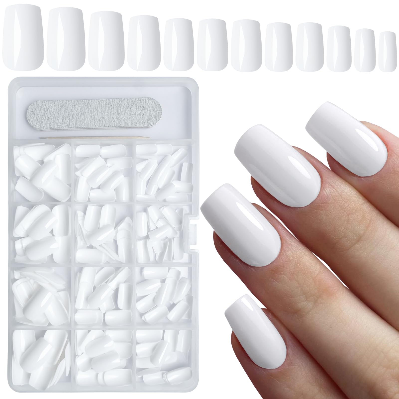 AddFavor 240pcs White Press on Nails Medium Square Fake Nails, Glossy Acrylic Press on Nails Gel False Nails with Adhesive Stick for women