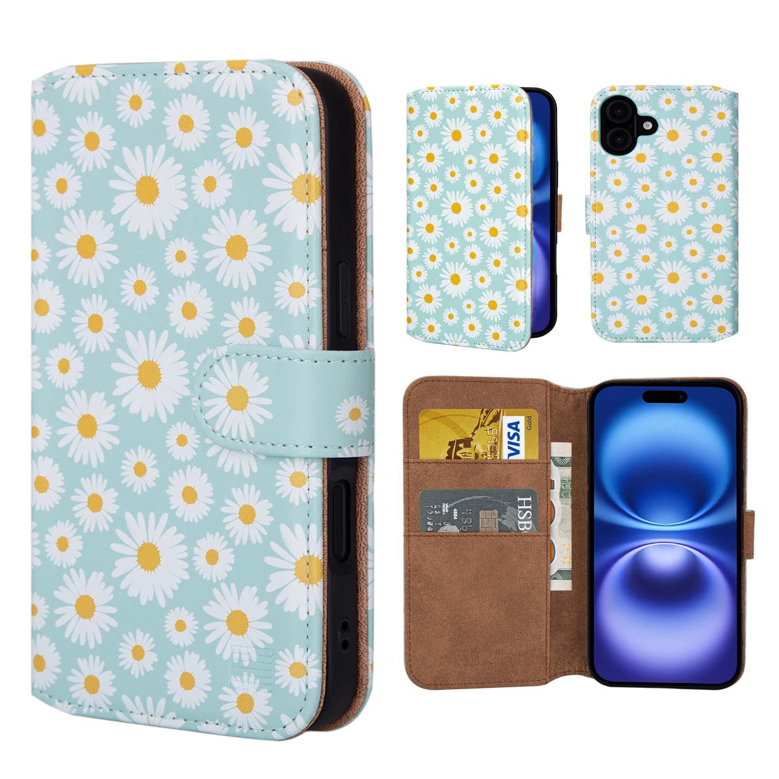 32nd Floral Series 3.0 - Design PU Leather Book Wallet Case Cover for iPhone 16 (6.1"), Flip Case With RFID Blocking Card Slots, Magnetic Closure and Built In Stand - Blue Daisy