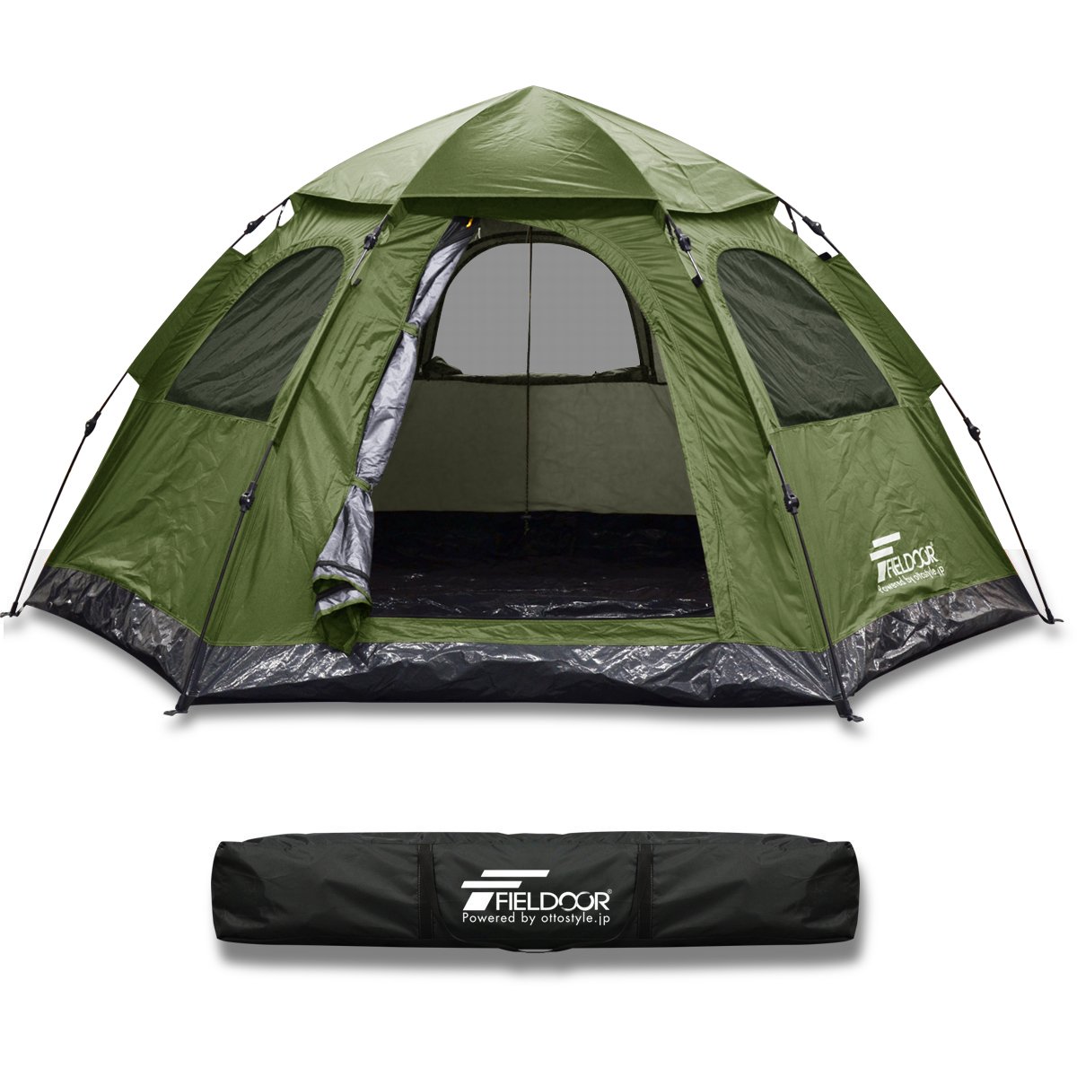 FIELDOOR ワンタッチ テント ヘキサゴン型 収納バッグ付き 5人用 簡単 UVカット 耐水圧15,000mm ドーム 軽量 グラスファイバー キャンプ アウトドア 簡易 大型 日差し 初心者 [カーキ] [単品]商品画像