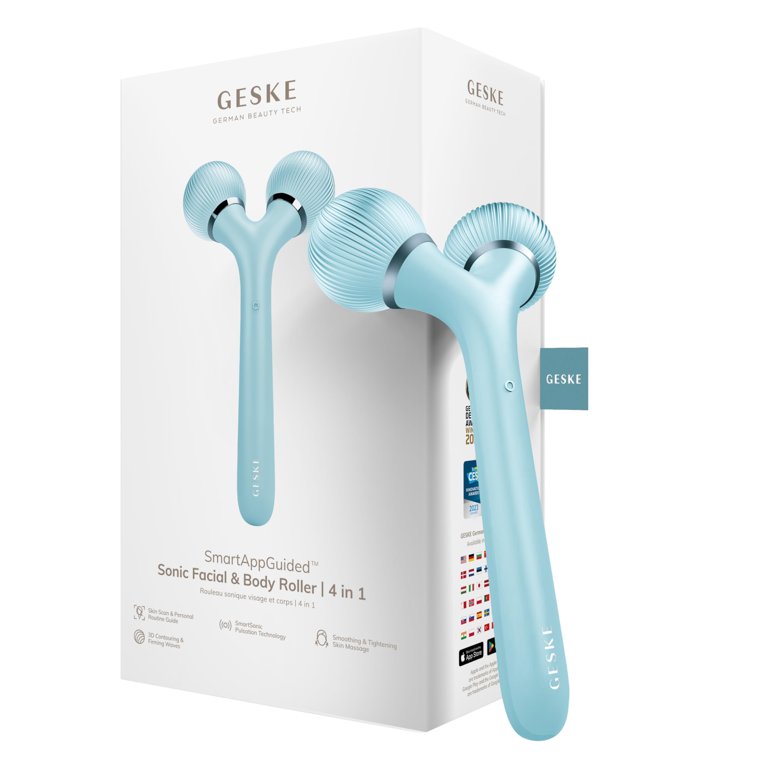 GESKE SmartAppGuided™ Sonic Facial & Body Roller | 4 in 1 | Derma Roller | Facial & Body | professional facial & body roller | for skincare and beauty routine