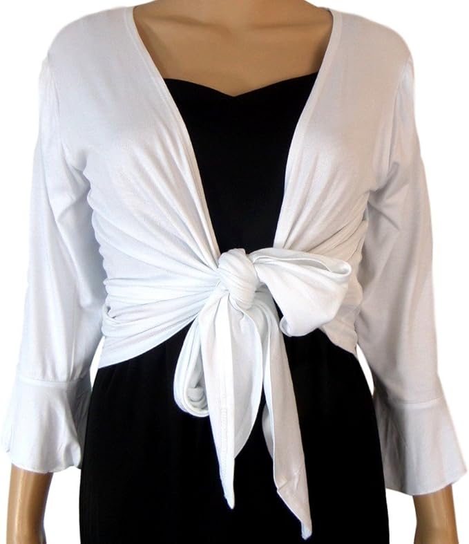White stretch jersey shrug / bolero / cardigan frilled 3/4 sleeves