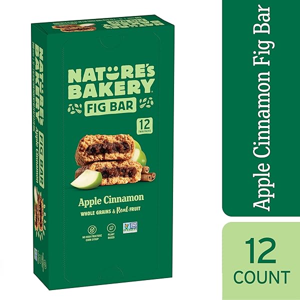 NATURE’S BAKERY WHOLE WHEAT FIG BARS, APPLE CINNAMON, REAL FRUIT, VEGAN, NON-GMO, SNACK BAR, 1 BOX WITH 12 TWIN PACKS (12 TWIN PACKS)