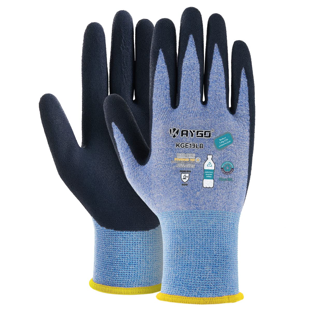 KAYGO Latex Coated Work Gloves for Men Women Breathable, 3 Pairs Recycled Polyester Gardening Gloves, Eco Friendly Safety Yard Work Gloves for Men, KGE19L (Blue, Small) — image 1