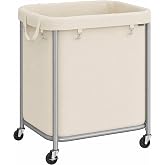 SONGMICS Laundry Basket with Wheels, 170L, Steel Frame, Removable Bag | Rolling Laundry Hamper, Square Laundry Cart, 4 Casters and 2 Brakes, Cream White and Silver, STEVIE Collection URLS015WD01