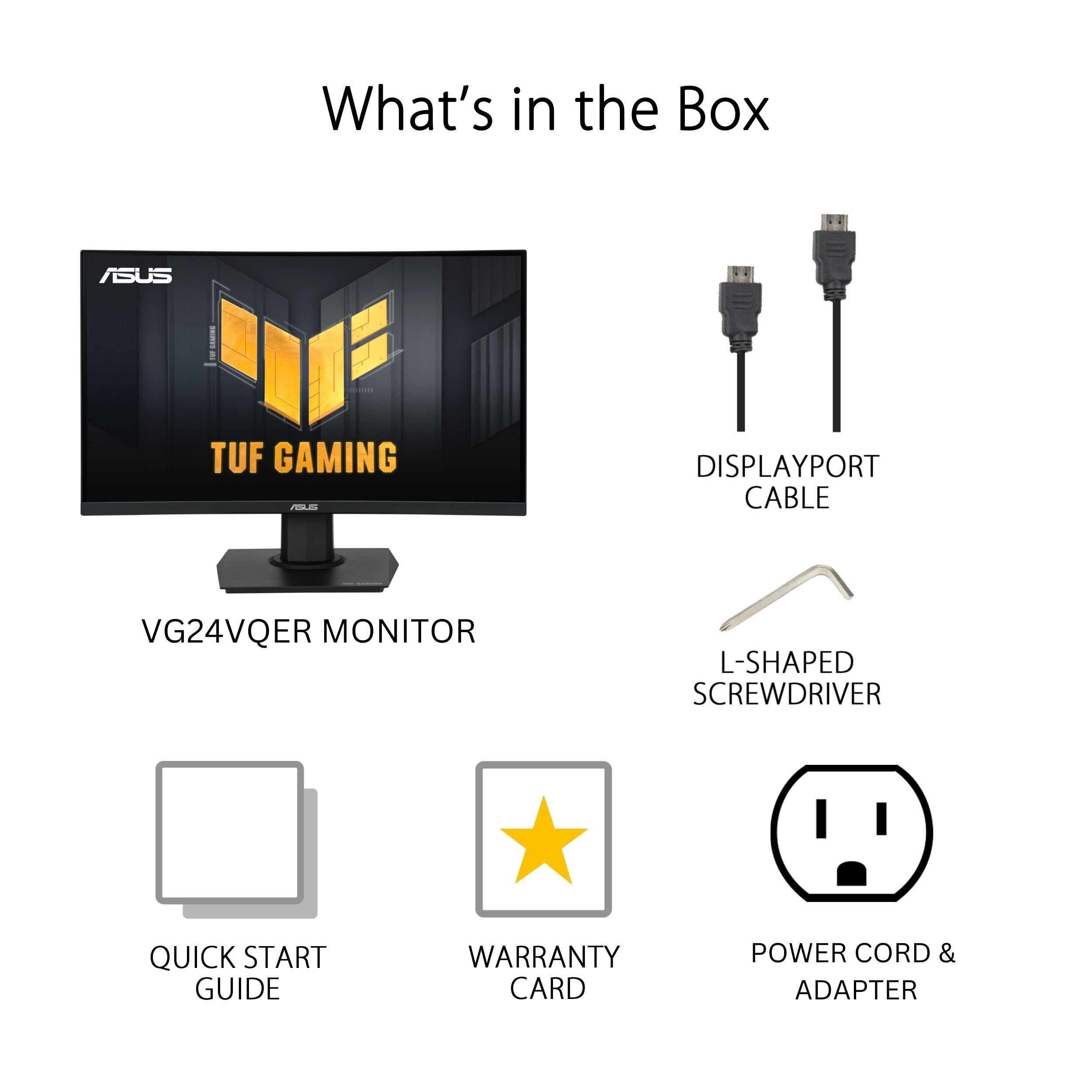 Monitor curvo ASUS TUF Gaming de 24" (23,6 pulgadas visibles) (VG24VQER) - FHD, 180 Hz, 1 ms, DCI-P3 90 %, sincronización de desenfoque de movimiento extremadamente bajo, FreeSync, Shadow Boost, cuidado de los ojos, DisplayWidget Center, garantía de 3 años