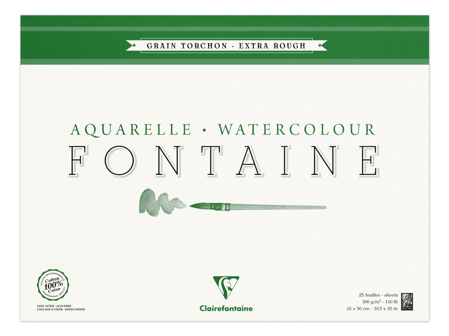 Clairefontaine - Ref 96432C - Fontaine Extra Rough Watercolour Glued Pad (25 Sheets) - 42 x 56cm Size, 300gsm Paper - Suitable for Watercolour Artwork