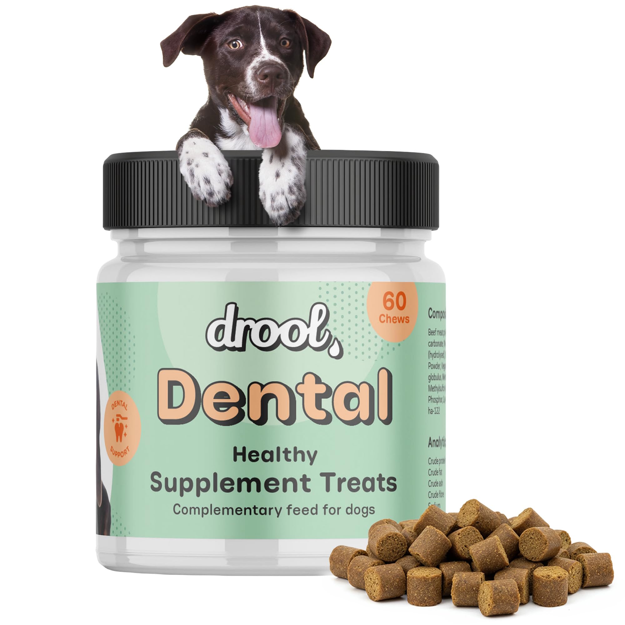 Drool Pet Products | Dental Supplements for Dogs, 180g Pack of 60 Tasty Chews | Natural Breath Freshener, Plaque & Tartar Control, Oral Health Vitamins, Anti-Inflammatory for Healthy Gums & Teeth