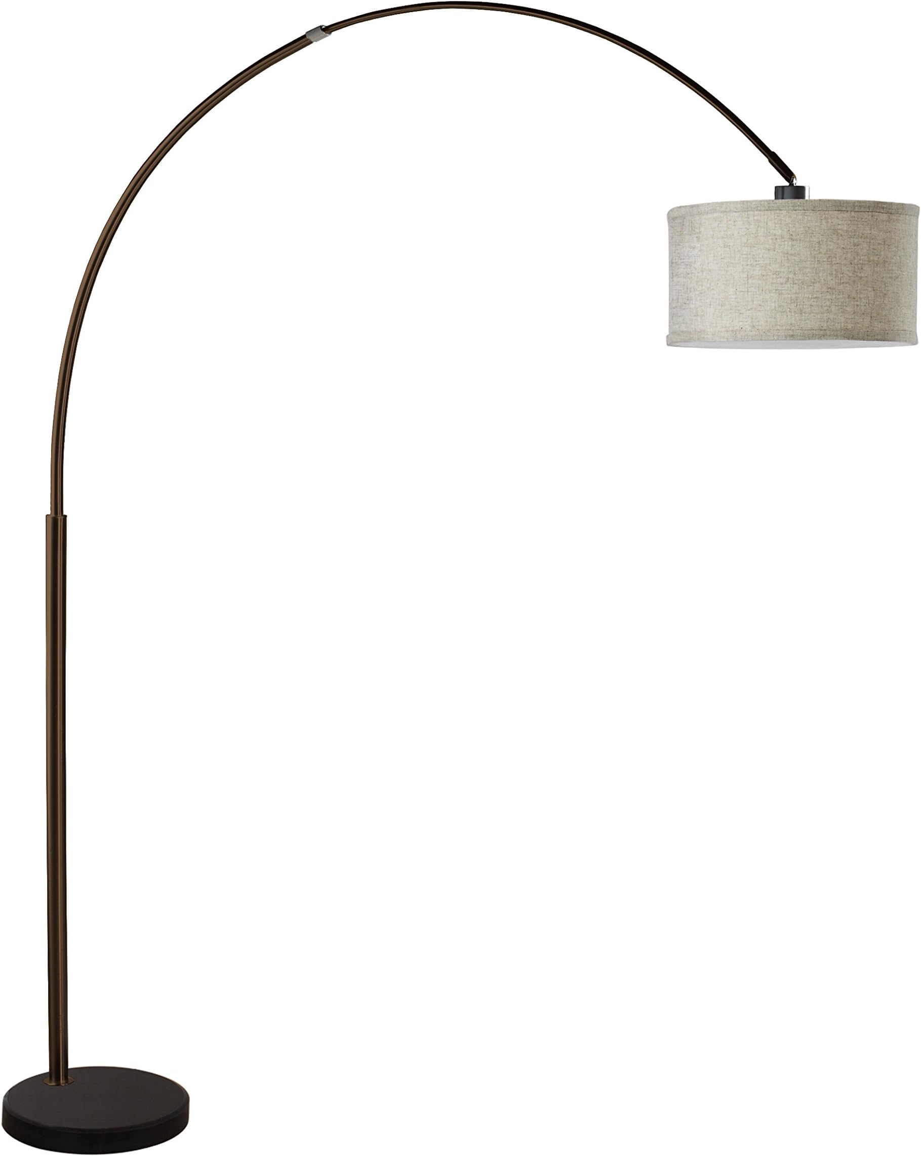 SH Lighting Brush Steel Arching Floor Lamp with Black Marble Base - Features Large Beige Drum Style Shade - 81" Tall Fits in Living or Bedrooms - Brown
