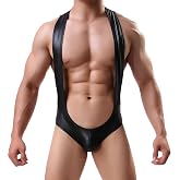 Utcelut Men's Suspender Wrestling Singlet Jockstraps One-Piece Jumpsuit Faux Leather Leotard Bodysuit