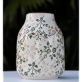 Vintage Green Ceramic Decorative Floral Vase for Flower Bouquet centerpieces Beige Ice Glazed Crack Farmhouse Rustic for Home Decor, Living Room, Shelf, Office, Table 7.7 Inches with Vine Pattern
