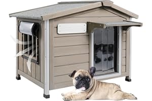 KETIVE Outdoor Dog House with Chew-Proof Iron Frame, Wooden Dog Kennel Weatherproof，Removable Floor, Adjustable Vent Window, Easy Assembly for Medium and Small Dog, 30" L x 21" W x 24" H