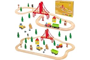 GIRAVO Train Set 40pcs Wooden Train Set for Toddler Kids, Magnetic Train Toys with Wooden Train Track fits Melissa and Doug, fits Brio,Thomas, for 18 Month+ Boys & Girls