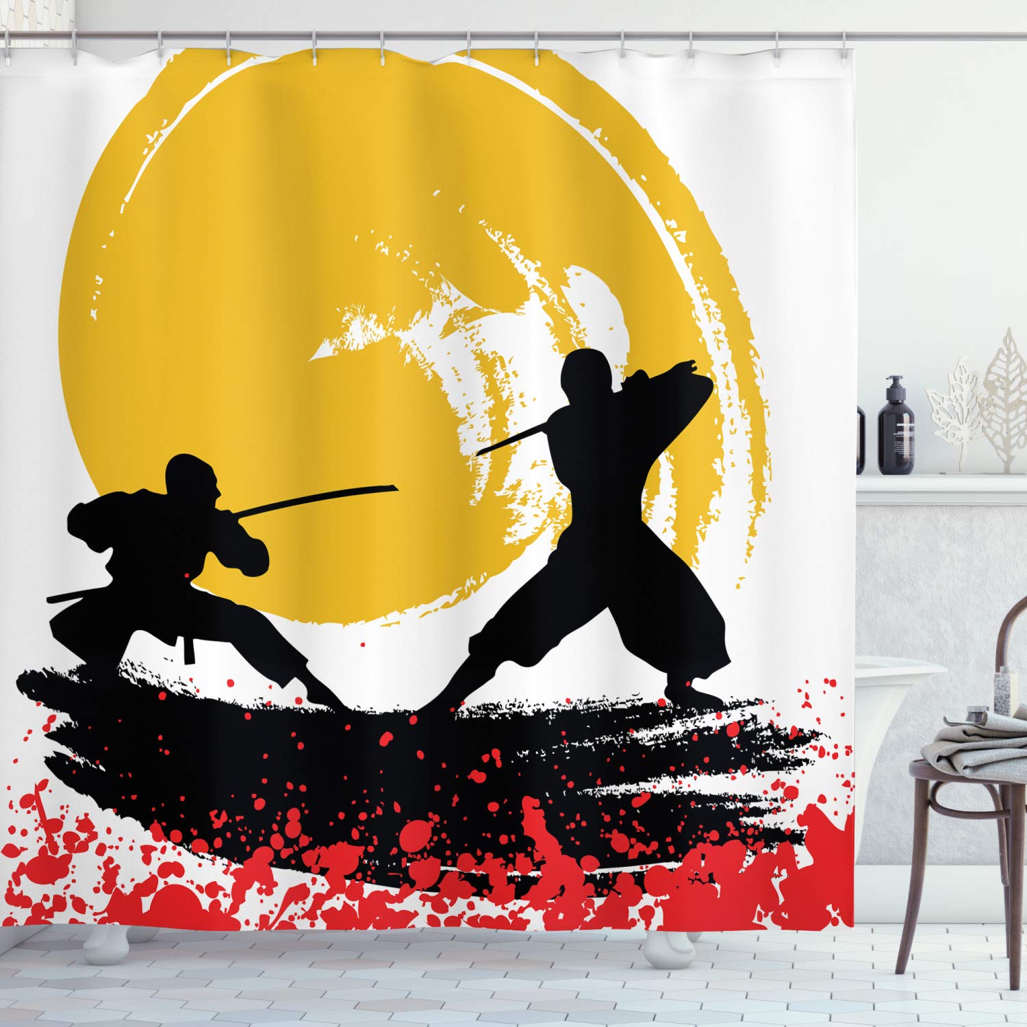 ABAKUHAUS Japanese Shower Curtain, Watercolor Style Silhouette Ninjas in the Moonlight Medieval, Cloth Fabric Bathroom Decor Set with Hooks, 175 x 180 cm, Vermilion Mustard