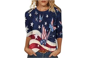 KICILVS 4th of July Tops for Women American Flag Print 3/4 Sleeve Shirts Crew Neck Basic Tee Fourth of July Outfit Women