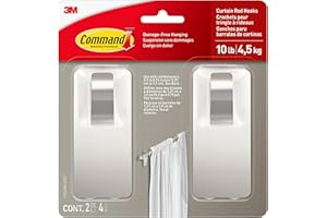 Command 10 lb Satin Nickel Curtain Rod Hooks, 2 Hooks and 4 Command Strips, No Drilling Christmas Decorations, Use with Rod Diameters 0.5-0.75"