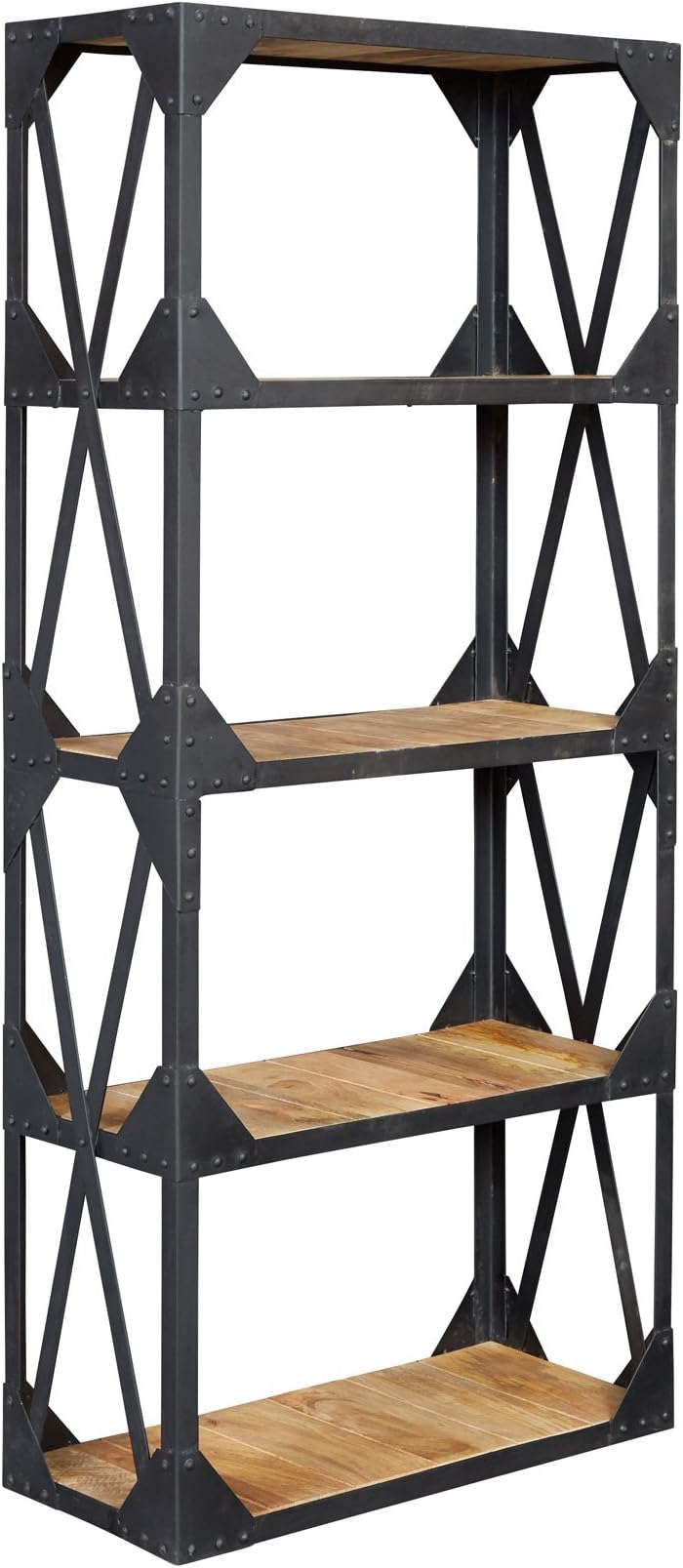 Indian Hub Ascot Indusrial Large Bookcase Metal and Wood, Natural Dark, 80x35x180 cm