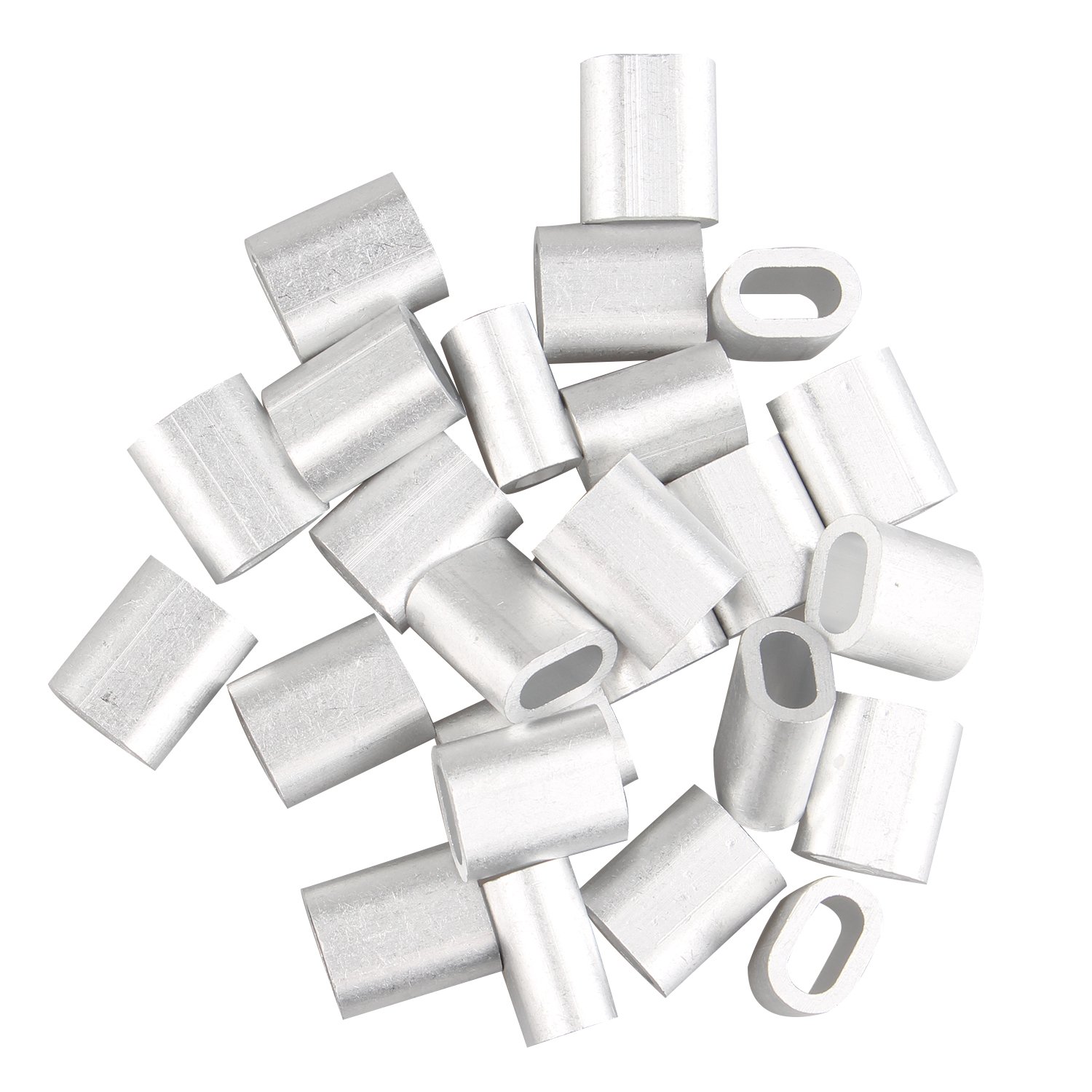 Futheda 25 pcs Aluminum Crimping Loop Sleeve Clips Oval Shaped for 5.0mm Cable Wire Rope Silver Tone