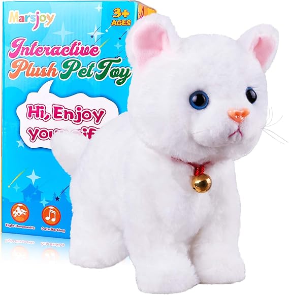 White Plush Cat Stuffed Animal Interactive Cat Robot Toy, Robotic Cat Barking Meow Kitten Touch