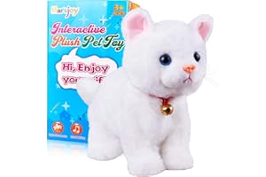 MARSJOY White Plush Cat Stuffed Animal Interactive Cat Robot, Robotic Cat Barking Meow Kitten Touch Control, Electronic Pet, Robot Kitty Toy, Animated Cat for Girl Baby Kid L:12" * H:8" *