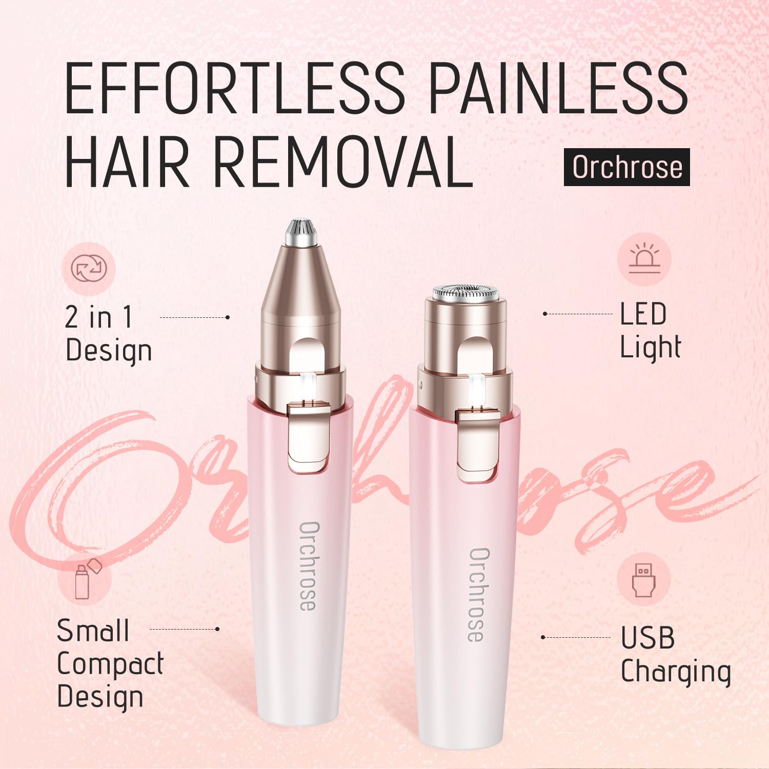 Orchrose Rechargeable Facial Hair Remover for Women: 2-in-1 Device for Shaping Eyebrows and Removing Face Peach Fuzz (Gradient Pink)