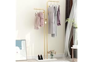 TIEOU Double-pole Metal Coat Rack, Gold Coat Rack Freestanding with 5 Hooks and Marble Base, Gold Clothing Rack, Modern Coat Hanger Stand for Entryway, Living Room, Bedroom