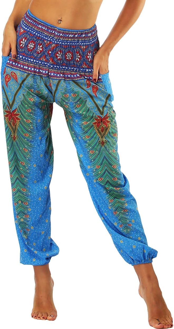 Nuofengkudu Baggy Aladdin Hippie Pants for Women Boho Patterned Smocked Waist High Waist Blue Peacock Print Cool Harem Pyjama Trousers Summer Clothes Yoga Beach Holiday(Size: One Size) - Image 5