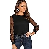 Floerns Women's Pearl Sheer Mesh Long Sleeve Tops Blouse