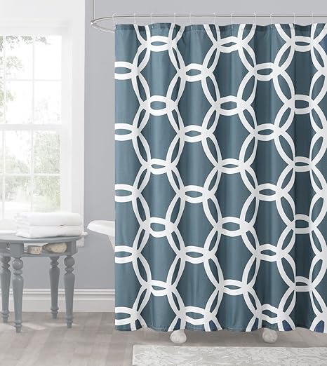 Slate Blue And White Embossed Fabric Shower Curtain Chain Lattice